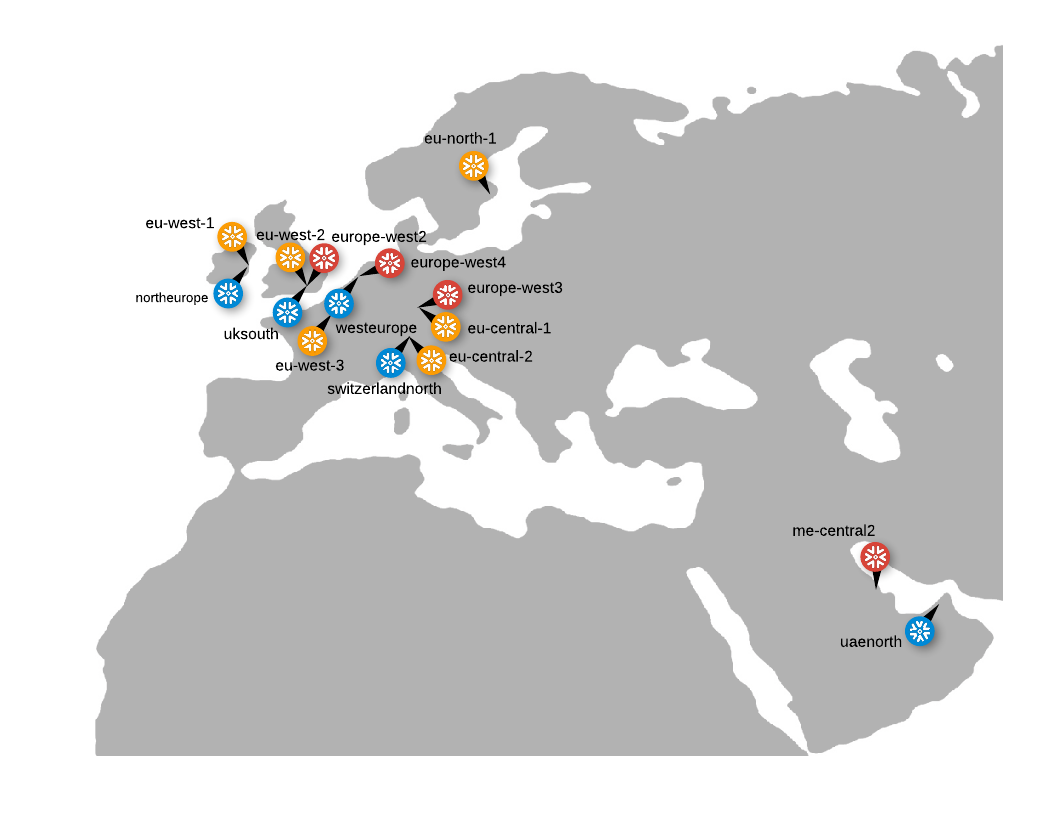 Map of Europe and Middle East cloud regions supported by Snowflake